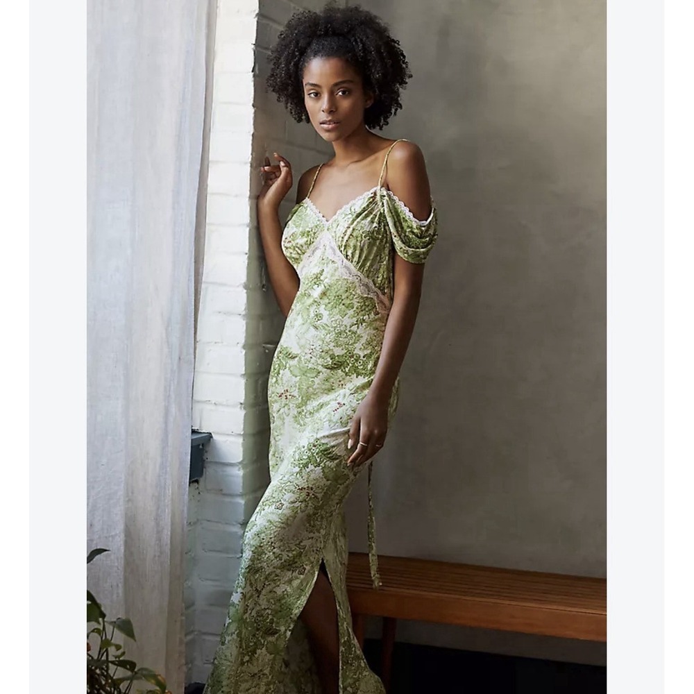 Anthropologie Midi Dress L Romantic Green Garden Coquette Cottage Boho Peasant